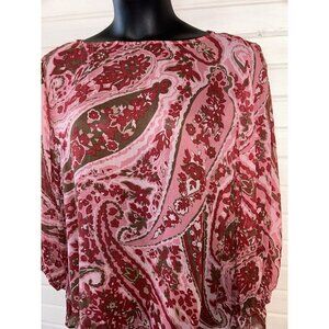 Talbots Sz PLUS 18W 100% Silk Chiffon Top Red Pink Paisley Pullover EUC